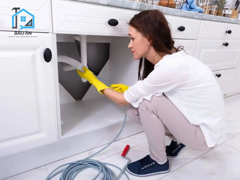 Dùng dây lò xo thông cống cầm tay